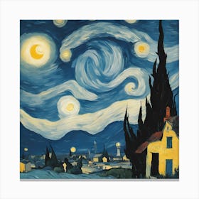 scene blending the swirling cosmic colors of Vincent van Gogh's Starry Night with the surreal celestial precision of Salvador Dalí. Canvas Print