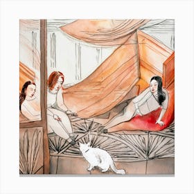 Three Women And A Cat Canvas Print