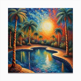 Tropical Sunset Serenity - Palm Trees and Reflective Water Canvas wall Art | Warm Sunrise Home Decor Print Canvas Print
