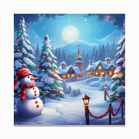 Christmas Village With Snowman Canvas Print