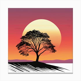 Sunset With A Tree, A Minimalist Line Drawing Of A Lone Tree Silhouetted Against A Fiery Sunset Canvas Print