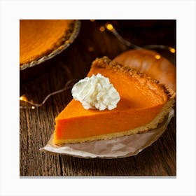 Firefly Pumpkin, Pie, Slice, Whipped, Cream, Close Up, Wooden, Table, Top View, Thanksgiving, Food, (3) Canvas Print