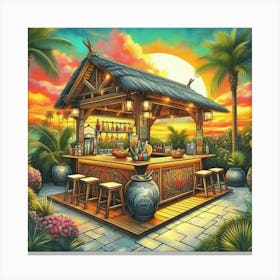 Sunset view on a wooden cafe on the seashore 2 Canvas Print