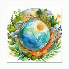 Watercolor Illustration Of Earth With Flowers And Forest Canvas Print