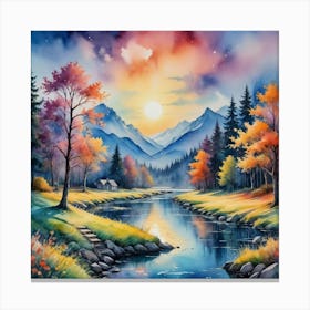 Dreamlike Mountains with a Luminous Creek Sunset River Canvas Print