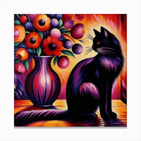 Black Cat With Flowers 4 Canvas Print