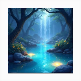 Mystical Lagoon With Floating Magical Lights, Watercolor 1 Canvas Print