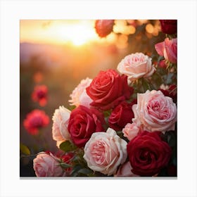 Bouquet Of Mixed Red And Pink Roses Peonies Delicately Woven Into Vines Soft Focus With Scattered (6) Canvas Print