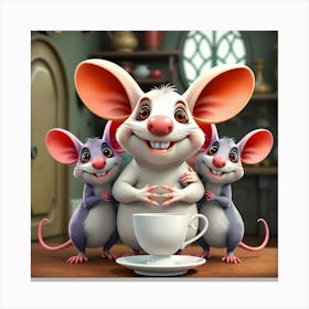 Three Mice And A Cup Of Tea Canvas Print