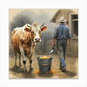 Cow And A Man Canvas Print