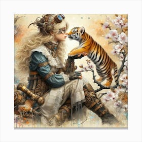 Steampunk Girl With Tiger 2 Canvas Print