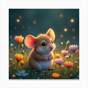 A Tiny Mouse Nestled In A Bed Of Vibrant Wildflowers, Surrounded By Glowing Fireflies Canvas Print