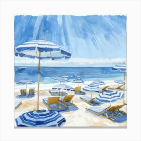 Blue Umbrellas On The Beach 5 Canvas Print