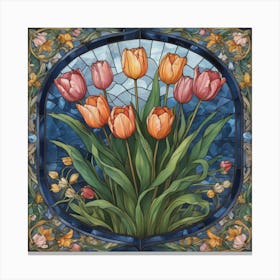 A close up of a stained glass window with flowers, PInk Easter Tulips Canvas Print