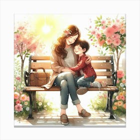 Mother And Son Sitting On A Bench Canvas Print