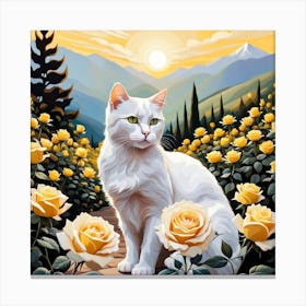 White Cat In The Rose Garden Canvas Print