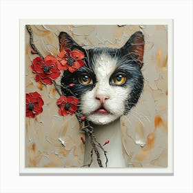 Cat With Red Flowers Canvas Print