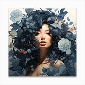 Woman With Blue Hair And Flowers Canvas Print