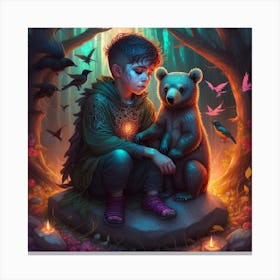 Jungle Kid with cute bear Canvas Print