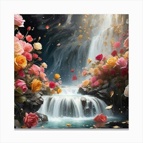 Waterfall With Roses Canvas Print