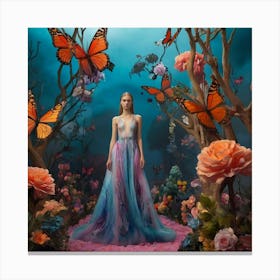 fashion, Surreal fashion garden, plant mannequins, giant flowers, organic dresses, twisted trees, cyber butterflies, psychedelic sky, colorful mist, floating lighting, enchanted podium, colors that change at the touch. 5 Canvas Print