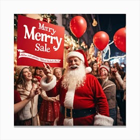 A Festive Christmas Scene With A Cheerful Man Dressed As Santa Claus Holding A Sign Fingers Pointin Canvas Print