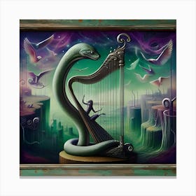 A Hypnotic Snake Playing A Silver Harp, Inspired By The Dreamlike Paintings Of Hieronymus Bosch, With A Mystical Purple And Green Palette, Where The Snake Is In Focus And The Surrounding Landscape Is Blurred Into Dreamlike Shapes, (1) Canvas Print