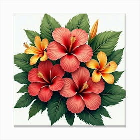 A Beautiful Arrangement Of Tropical Hibiscus Flowers With Lush Greenery Canvas Print