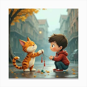 A Gentle Cat And A Boy Playing With A String Toy On A Rainy Day 1 Canvas Print