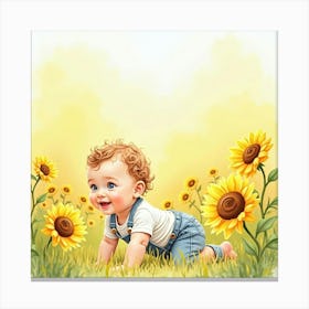 Watercolor Baby Boy Crawling Through A Field Of Soft Sunflowers Canvas Print