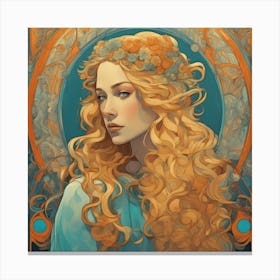 An Illustration Of A Woman In Costume With Long Curly Blonde Hair, In The Style Of Neon Art Nouvea (2) Canvas Print