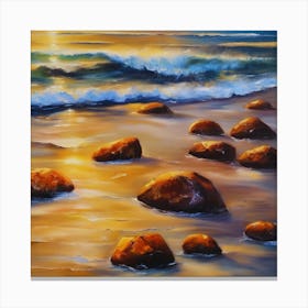 The sea. Beach waves. Beach sand and rocks. Sunset over the sea. Oil on canvas artwork.15 Canvas Print