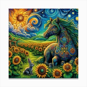 Sunflowers And Horses Canvas Print