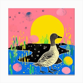 Duckling By The River Linocut Style 1 Canvas Print
