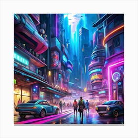 A Futuristic City Scene With Neon Lights, Flying Cars, And People Walking On The Street Canvas Print