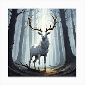 A White Stag In A Fog Forest In Minimalist Style Square Composition 12 Canvas Print