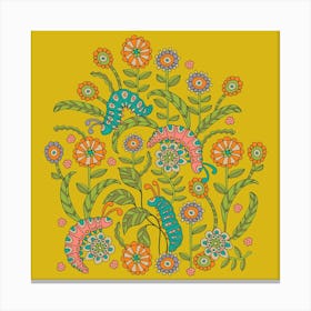 CATERPILLAR PLAYGROUND Cute Doodle Bugs Insects in Happy Pink Blue Orange Green on Bright Yellow Kids Canvas Print