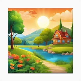 169 Photo Summer Nature Landscape Cartoon Style Detailed Trees And Vegetation Ambience Light 910560041 Canvas Print