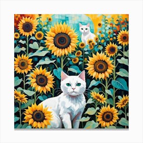 White cat in Sunflowers Canvas Print