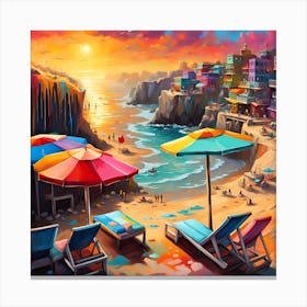 A Majestic Vista From Atop Beach Cliffs Overlooking Waves Beach Bar Homes And Beachgoers Canvas Print