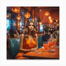 Beautiful Woman In Orange Dress In A Restaurant 1 Canvas Print
