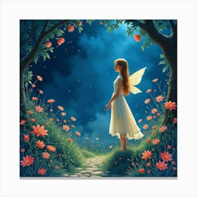 Fairy Queen’S Garden In A Mystical Night, Watercolor 1 Canvas Print