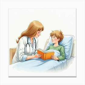 Gentle Watercolor Painting Of A Caregiver Reading A Book To A Young Patient 1 Canvas Print