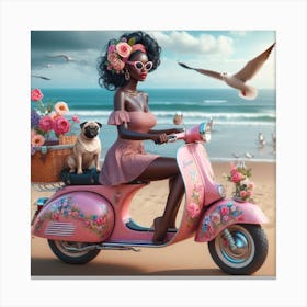 Girl On A Pink Moped Canvas Print