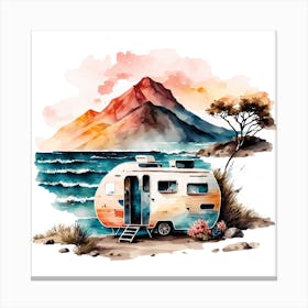 Watercolor Camper On The Beach Canvas Print