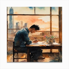 Watercolor Of A Man Writing 1 Canvas Print