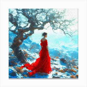 Painting of a woman by a tree in the mountains Canvas Print