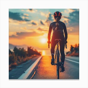 Woman Cyclist On The Road At Sunset Canvas Print