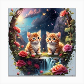 Two Kittens By The Waterfall Canvas Print