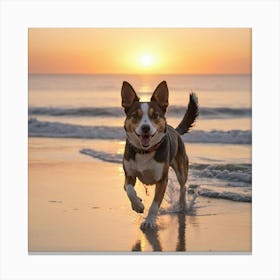 Dog On The Beach At Sunset Canvas Print